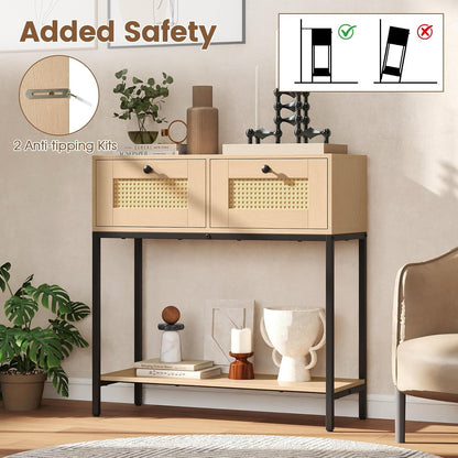 Odessa Boho Rattan Narrow Entryway Table with 2 Drawers