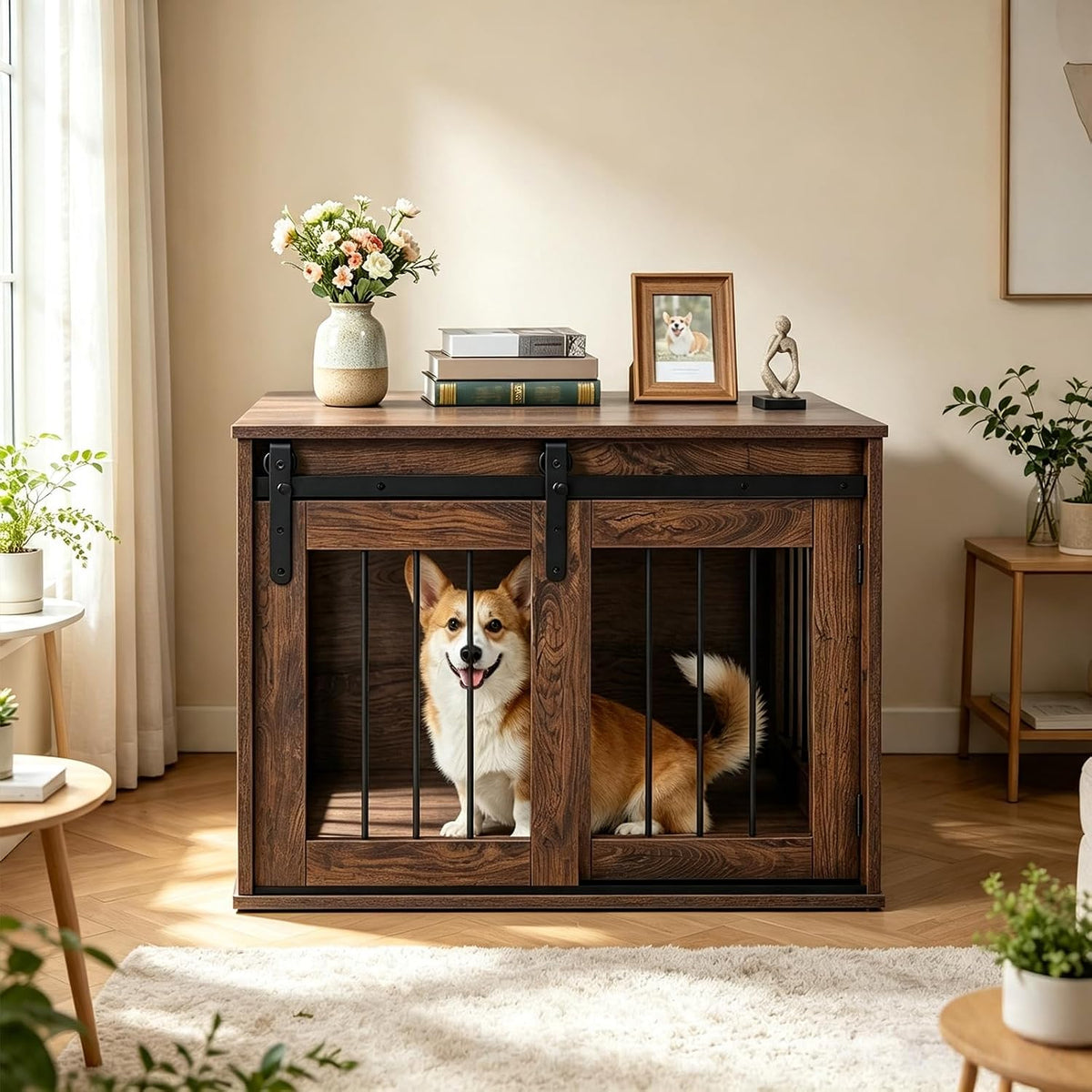 Maisie 31.5" Dog Crate End Table with Sliding Barn Door, Rustic Brown