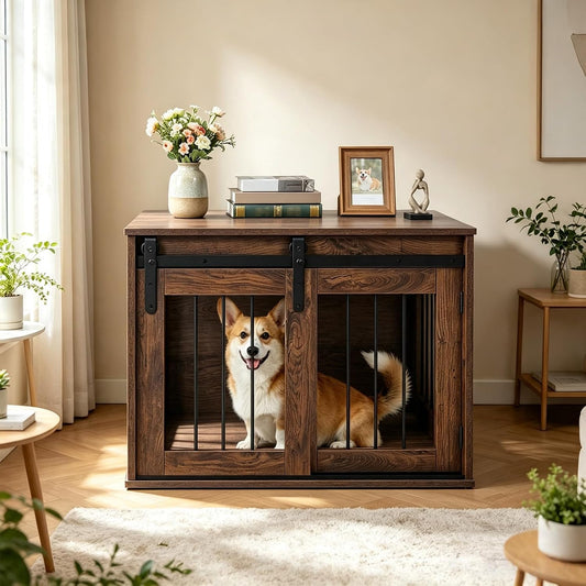 Maisie 31.5" Dog Crate End Table with Sliding Barn Door, Rustic Brown