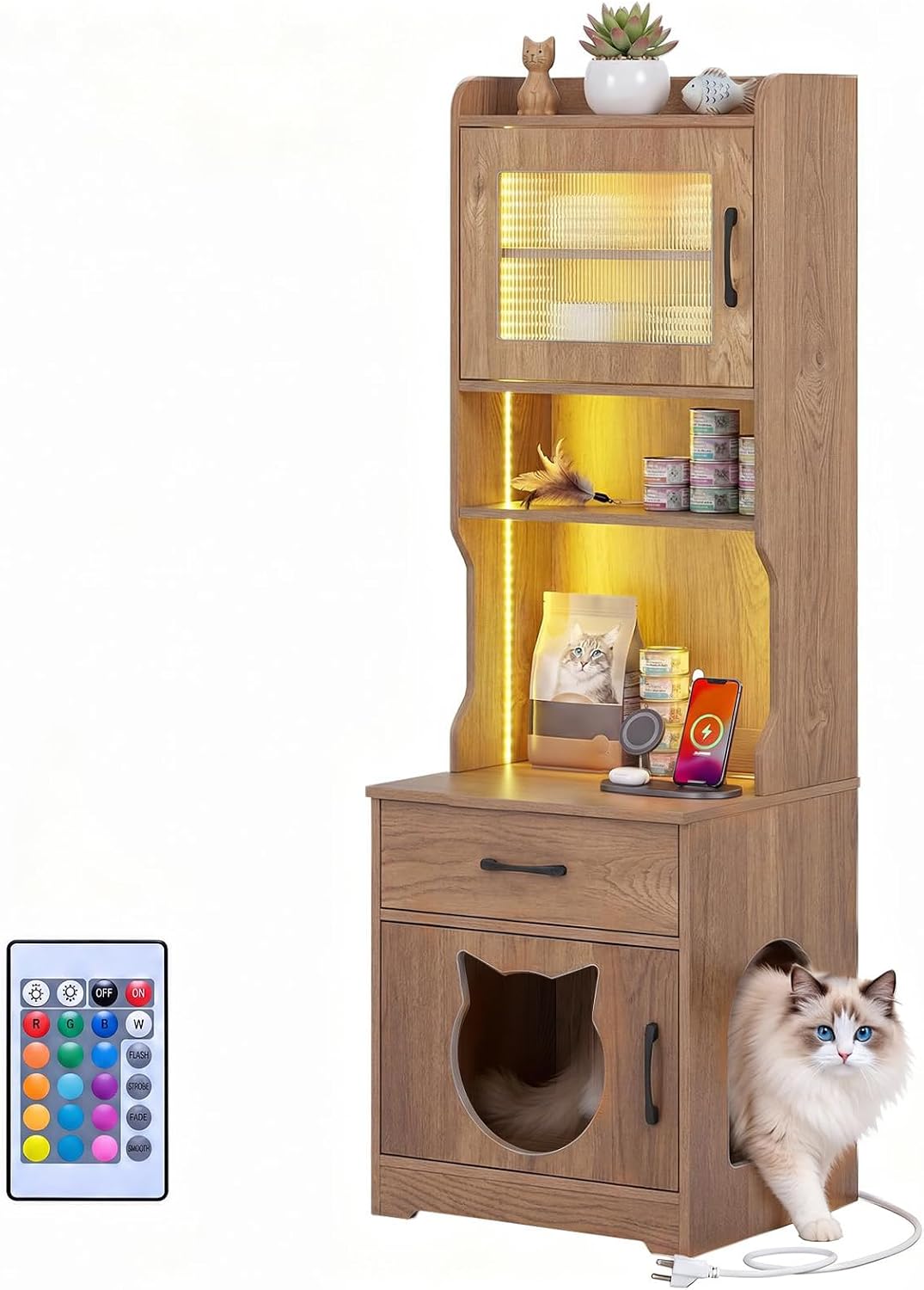 Goldie 60" Tall Cat Litter Box Enclosure with LED Lights & Storage, Natural