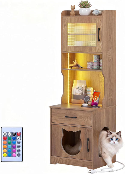 Goldie 60" Tall Cat Litter Box Enclosure with LED Lights & Storage, Natural