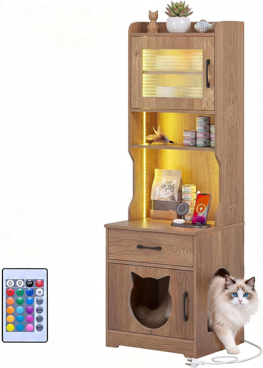 Goldie 60" Tall Cat Litter Box Enclosure with LED Lights & Storage, Natural