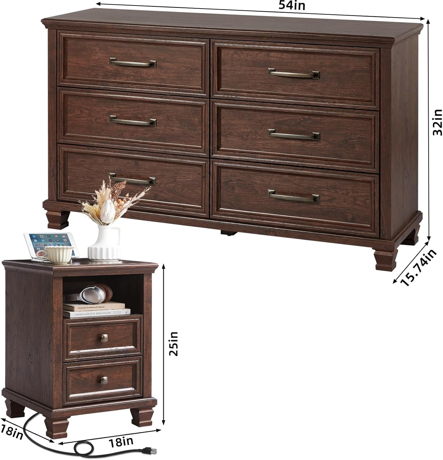 Farmhouse Dresser and Nightstand Sets of 3 Piece with 6 Drawer Dresser - Canva Home