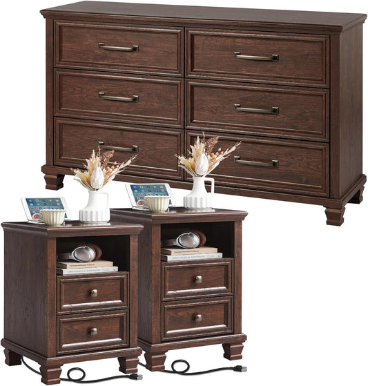 Farmhouse Dresser and Nightstand Sets of 3 Piece with 6 Drawer Dresser - Canva Home