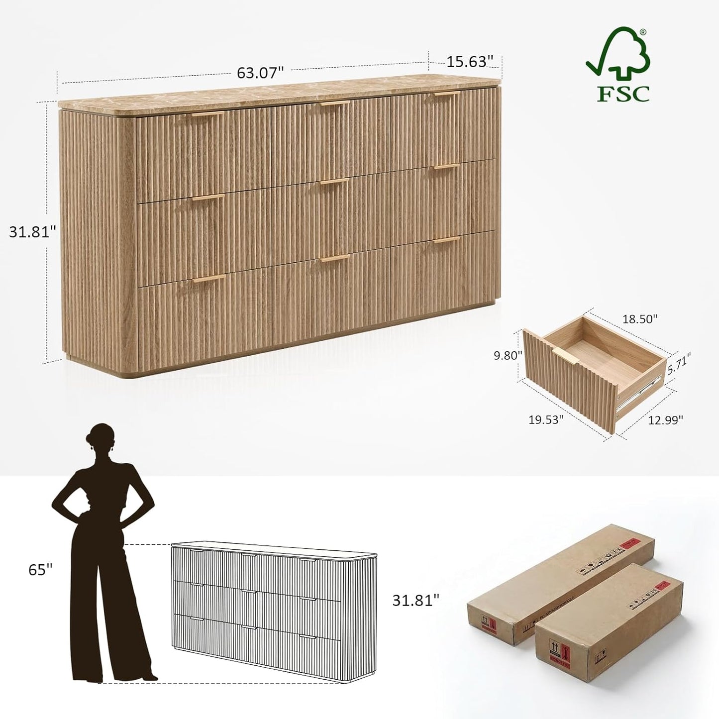 9 Drawers Fluted Dresser with Faux Marble Top - Canva Home