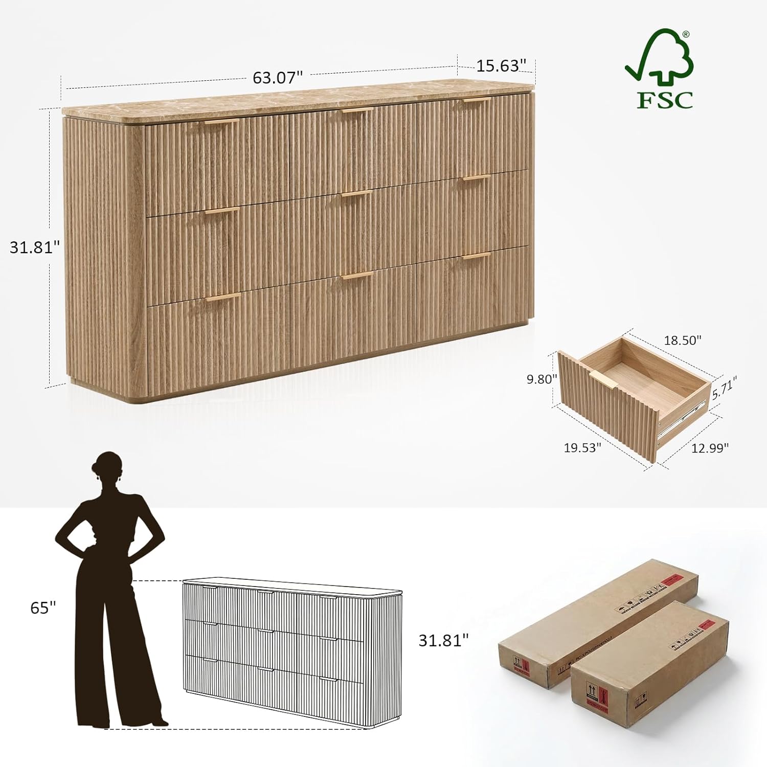 9 Drawers Fluted Dresser with Faux Marble Top - Canva Home