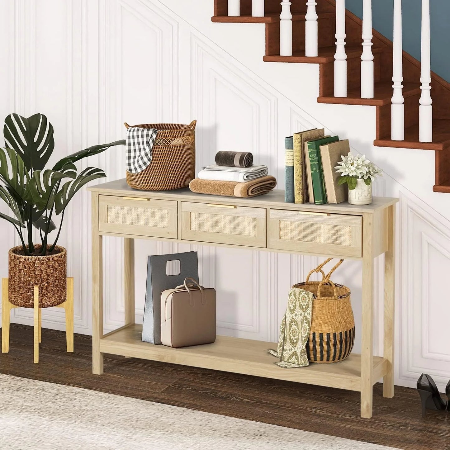 Aine Rattan Narrow Entryway Table With Storage