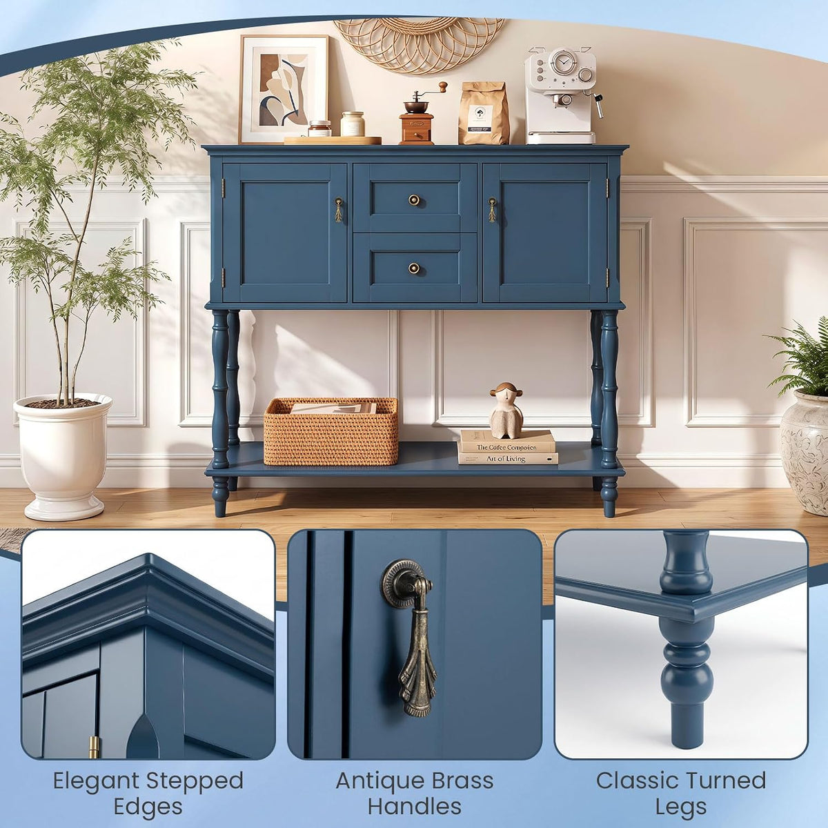 Sylvia 40" Console Table with 2 Drawers & 2 Cabinets, Navy Blue