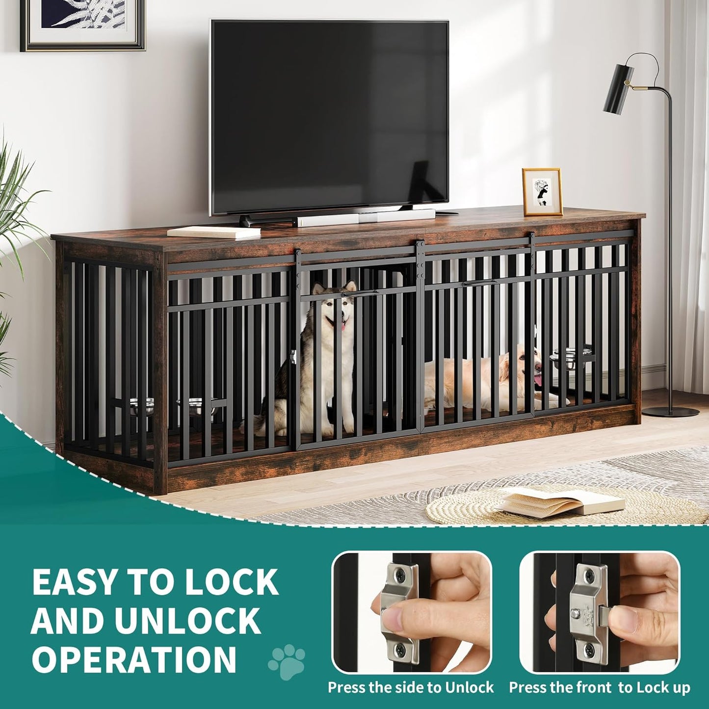 86.6" Ross Double Dog Crate Furniture For 2 Dogs - Canva Home