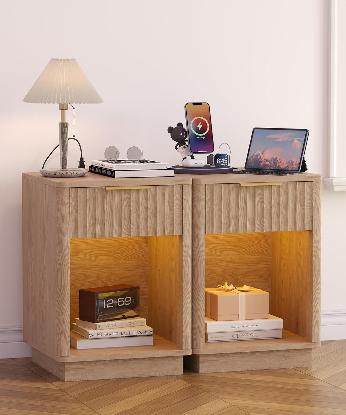 Sloane Fluted Nightstand Set of 2 with Charging Station