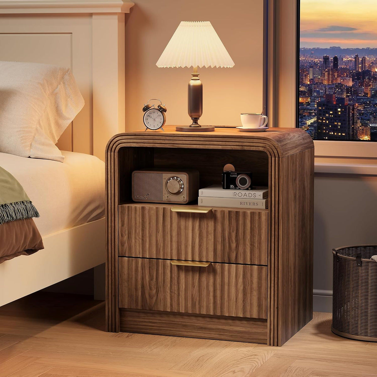 Juno Walnut Fluted Nightstand Set of 2 with Charging Station