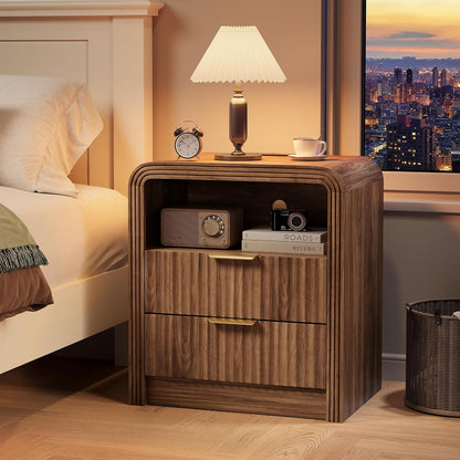 Juno Walnut Fluted Nightstand Set of 2 with Charging Station