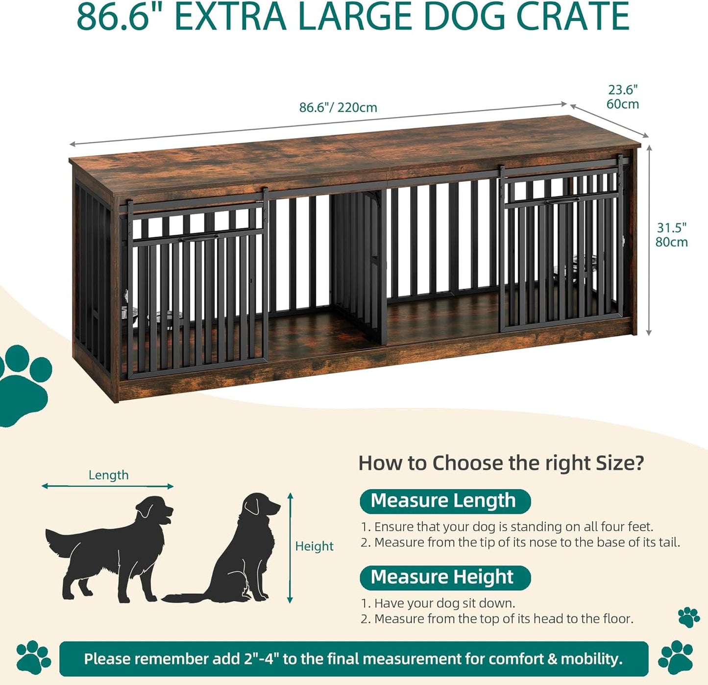 86.6" Ross Double Dog Crate Furniture For 2 Dogs - Canva Home