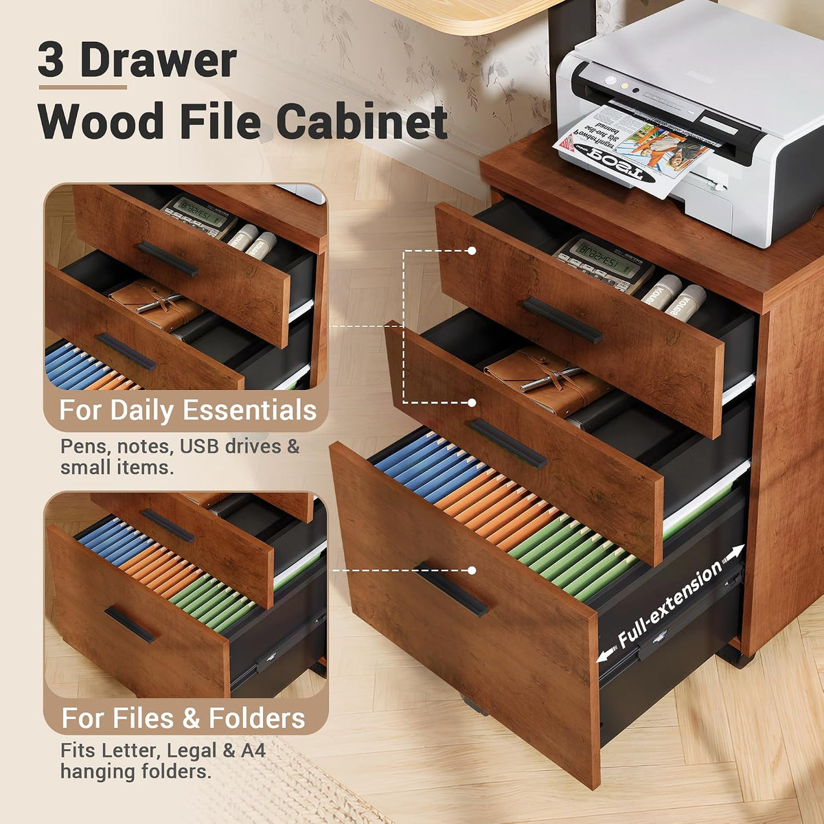 Dina Rolling 3 Drawer Under Desk File Cabinet