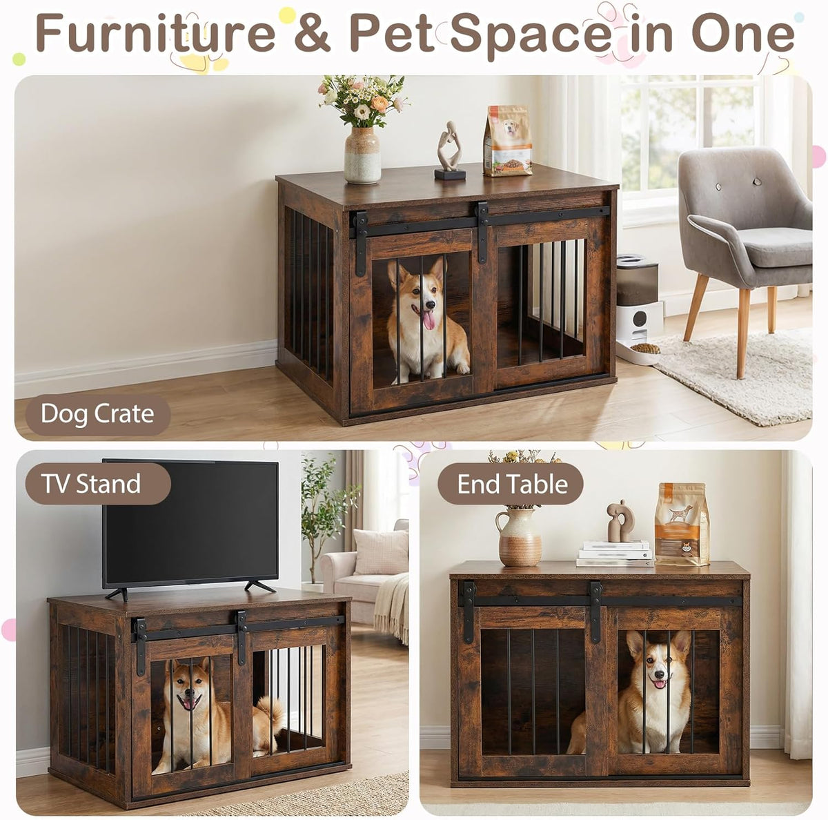 Maisie 31.5" Dog Crate End Table with Sliding Barn Door, Rustic Brown