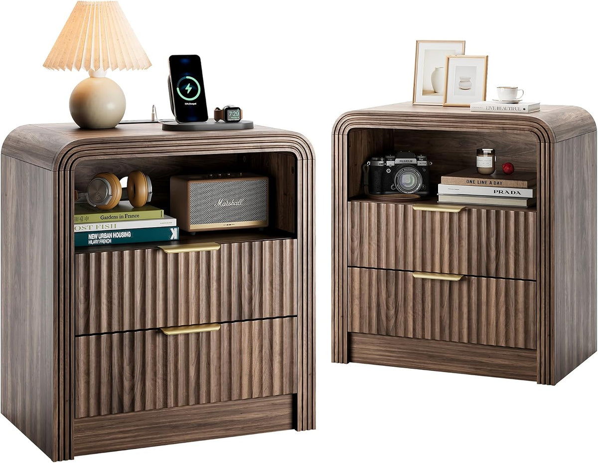 Juno Walnut Fluted Nightstand Set of 2 with Charging Station