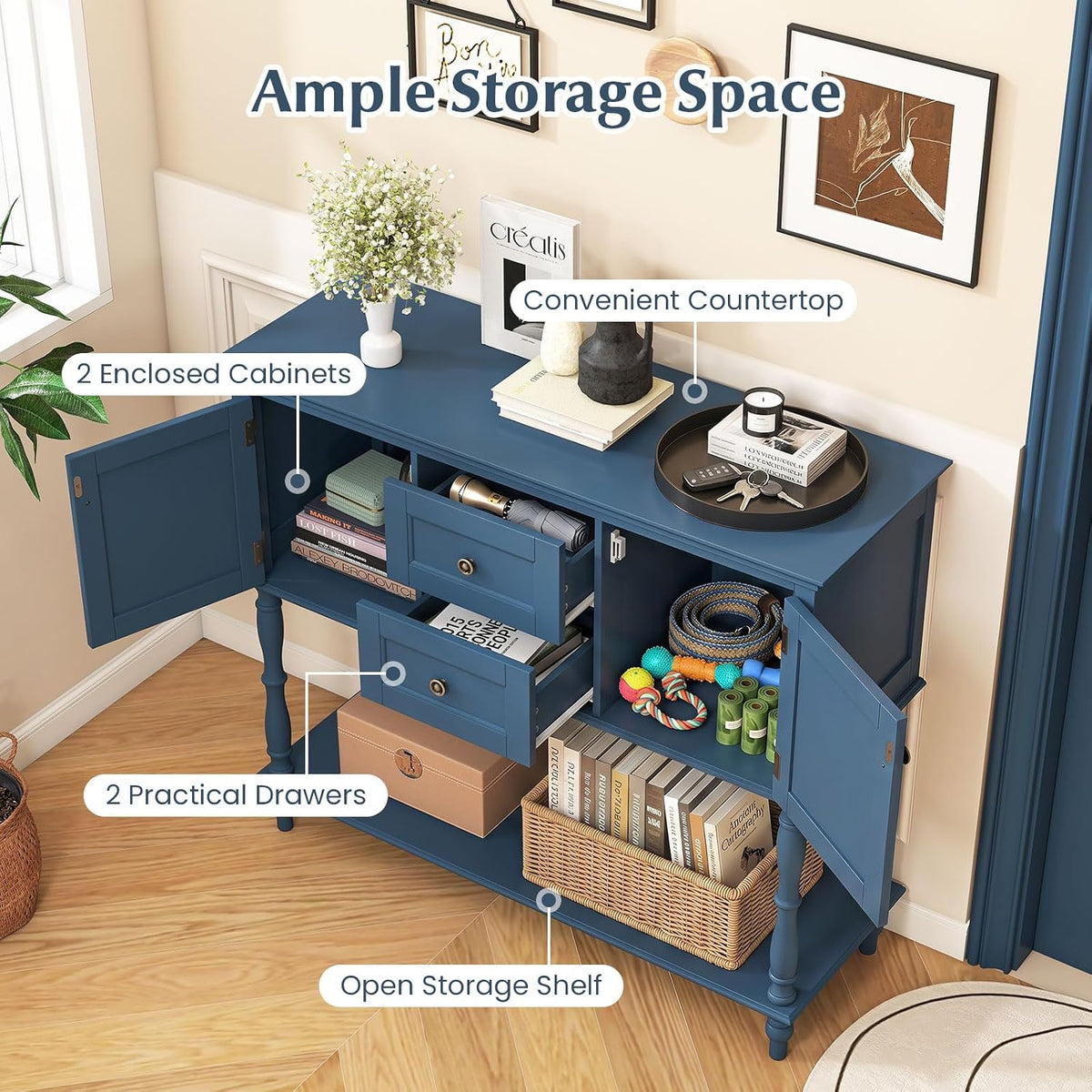 Sylvia 40" Console Table with 2 Drawers & 2 Cabinets, Navy Blue