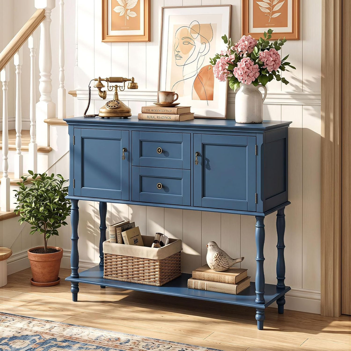 Sylvia 40" Console Table with 2 Drawers & 2 Cabinets, Navy Blue
