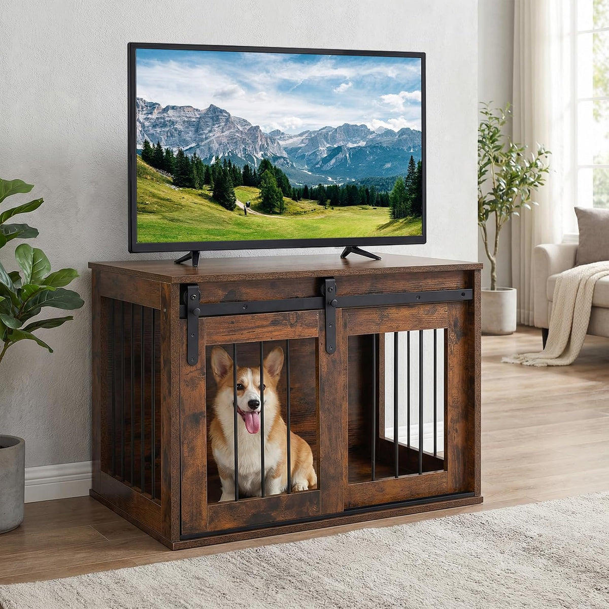 Maisie 31.5" Dog Crate End Table with Sliding Barn Door, Rustic Brown