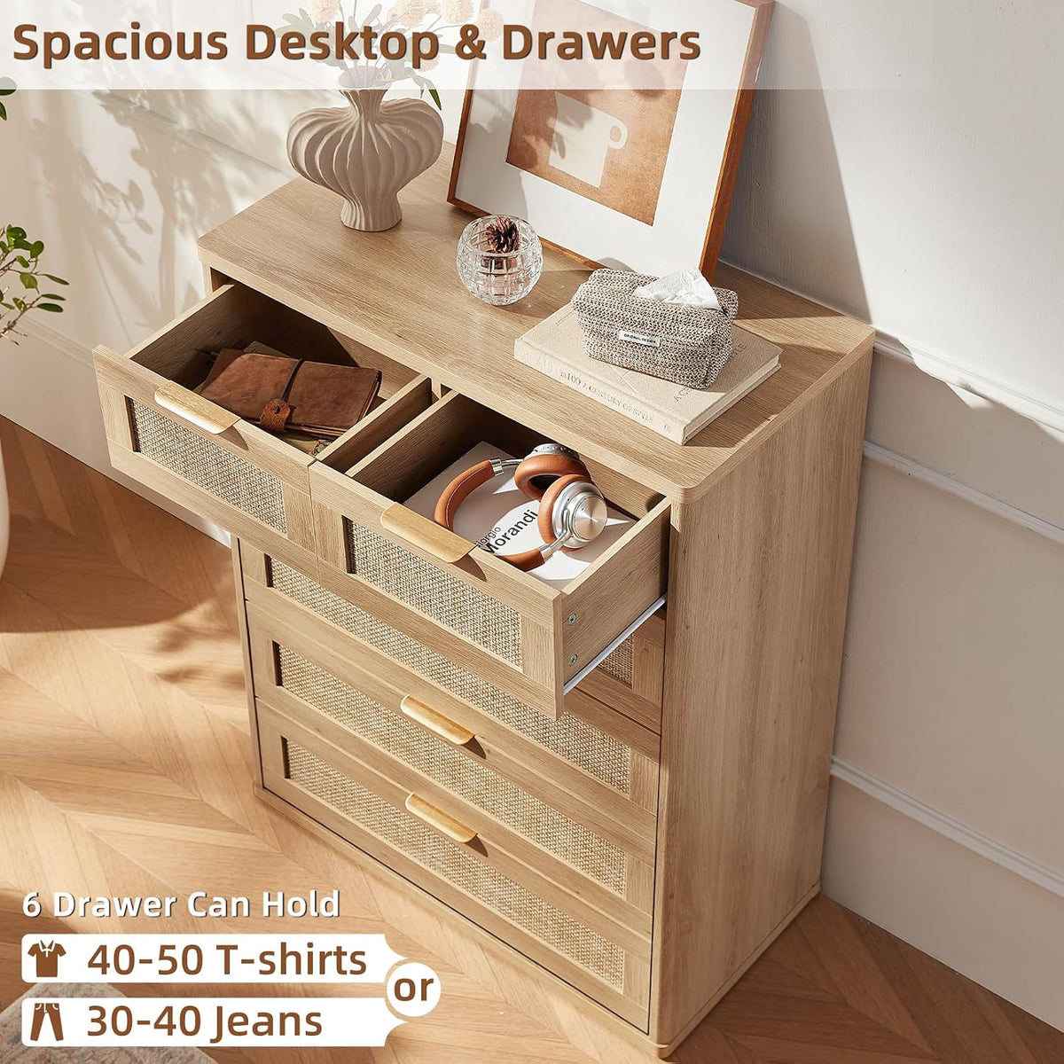 Milo Boho Rattan 6-Drawer Tall Dresser