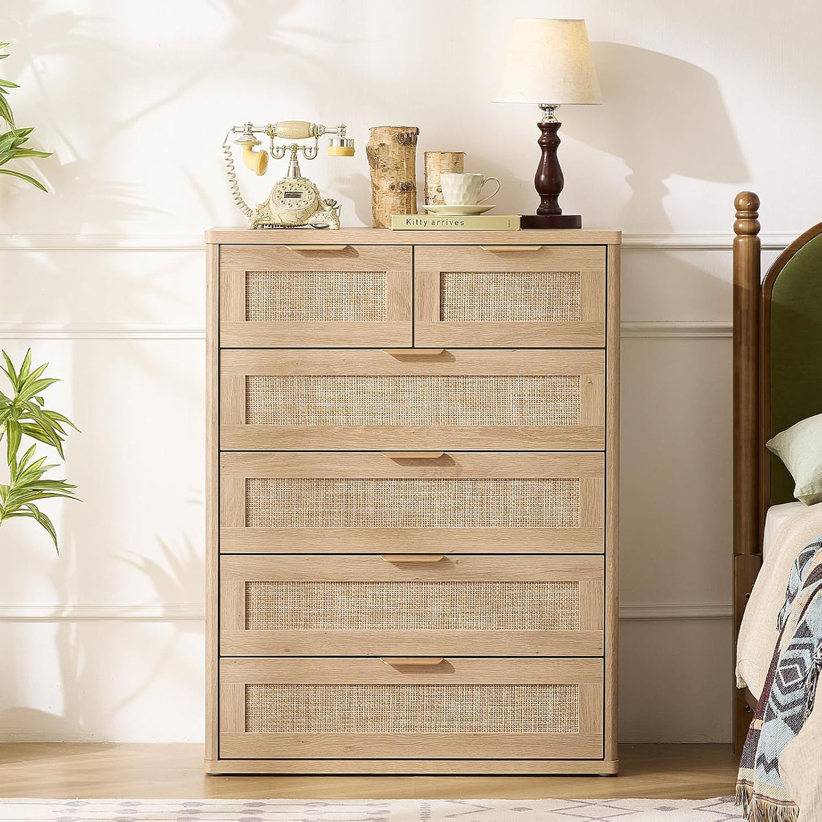 Milo Boho Rattan 6-Drawer Tall Dresser