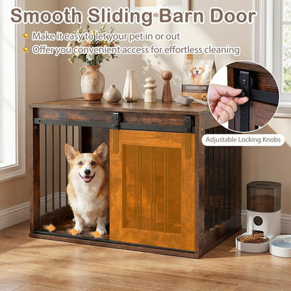 Maisie 31.5" Dog Crate End Table with Sliding Barn Door, Rustic Brown