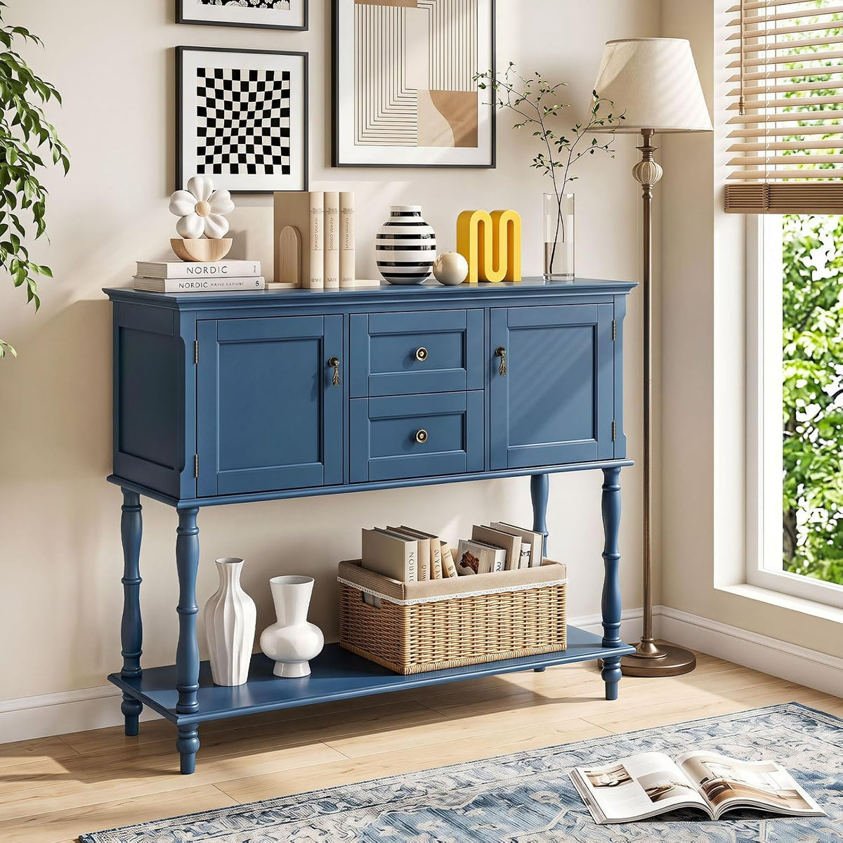 Sylvia 40" Console Table with 2 Drawers & 2 Cabinets, Navy Blue