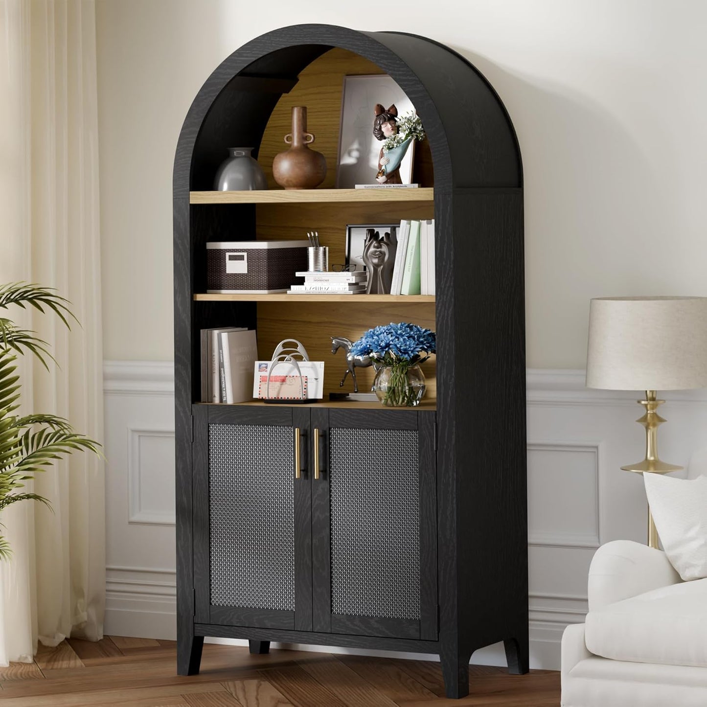 Wide Rattan Arched Storage Display Cabinet