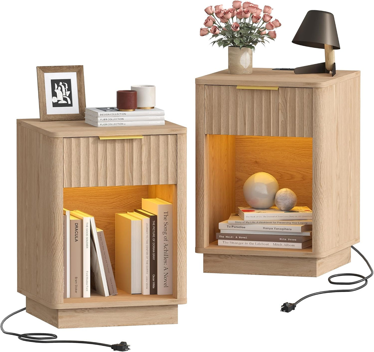 Sloane Fluted Nightstand Set of 2 with Charging Station