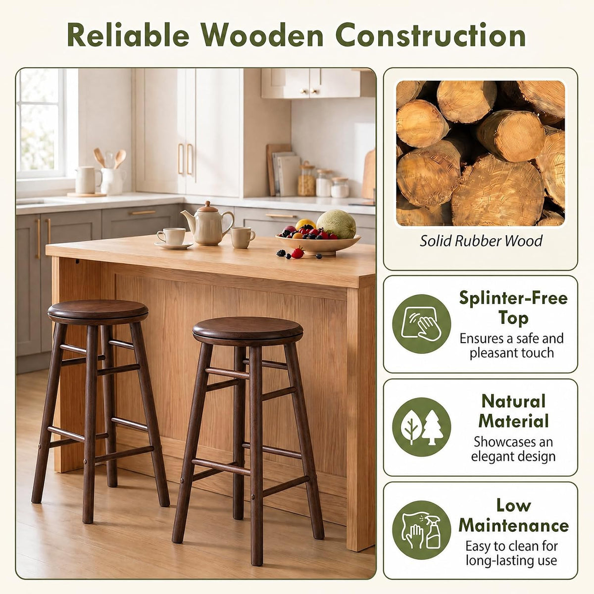 Henrietta 24" Swivel Counter Stools Set of 2 (Walnut Wood)