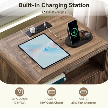 Juno Walnut Fluted Nightstand Set of 2 with Charging Station
