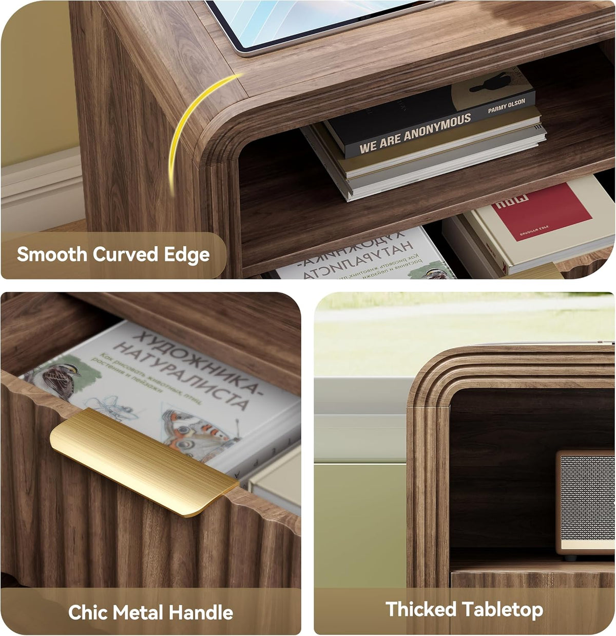 Juno Walnut Fluted Nightstand Set of 2 with Charging Station