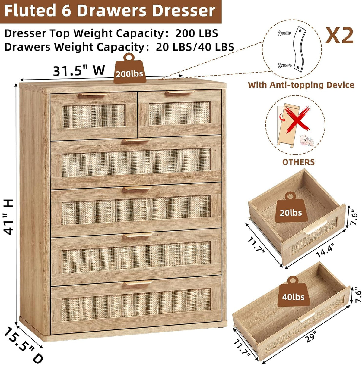 Milo Boho Rattan 6-Drawer Tall Dresser