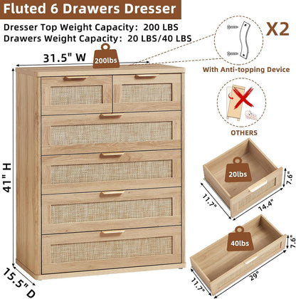 Milo Boho Rattan 6-Drawer Tall Dresser