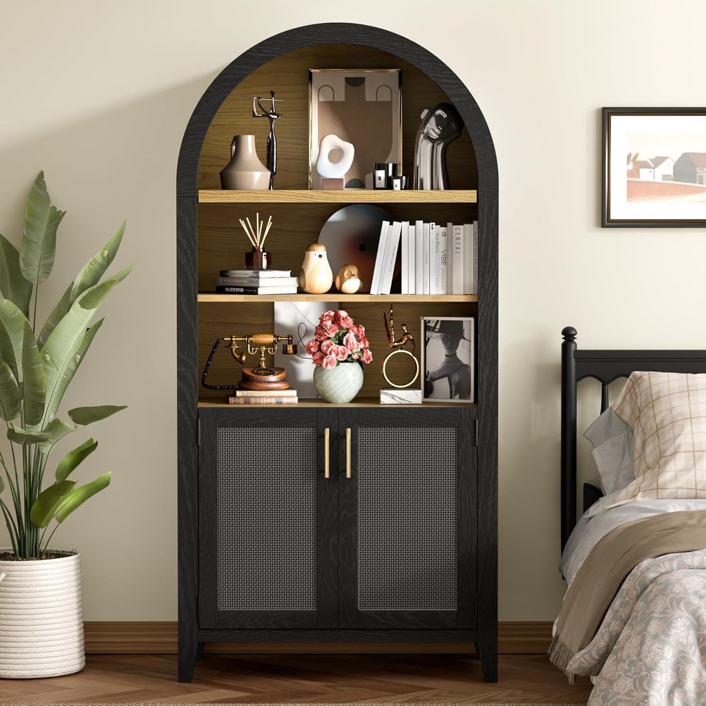 Wide Rattan Arched Storage Display Cabinet