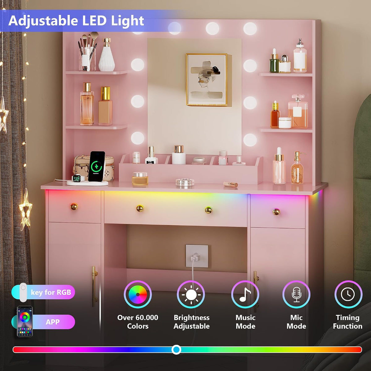 Paloma Lighted Vanity Desk with Charging Station