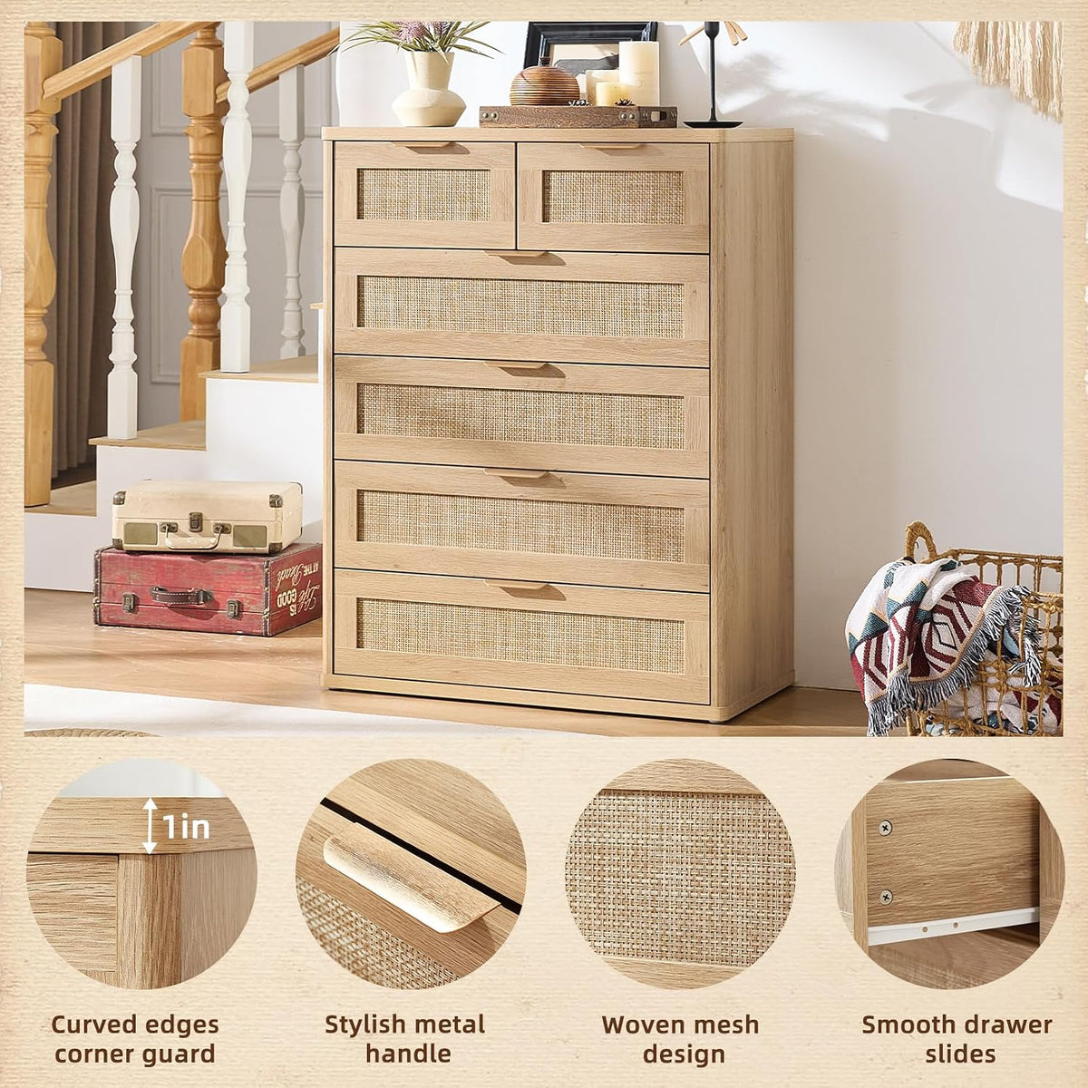 Milo Boho Rattan 6-Drawer Tall Dresser