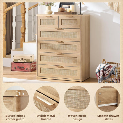 Milo Boho Rattan 6-Drawer Tall Dresser