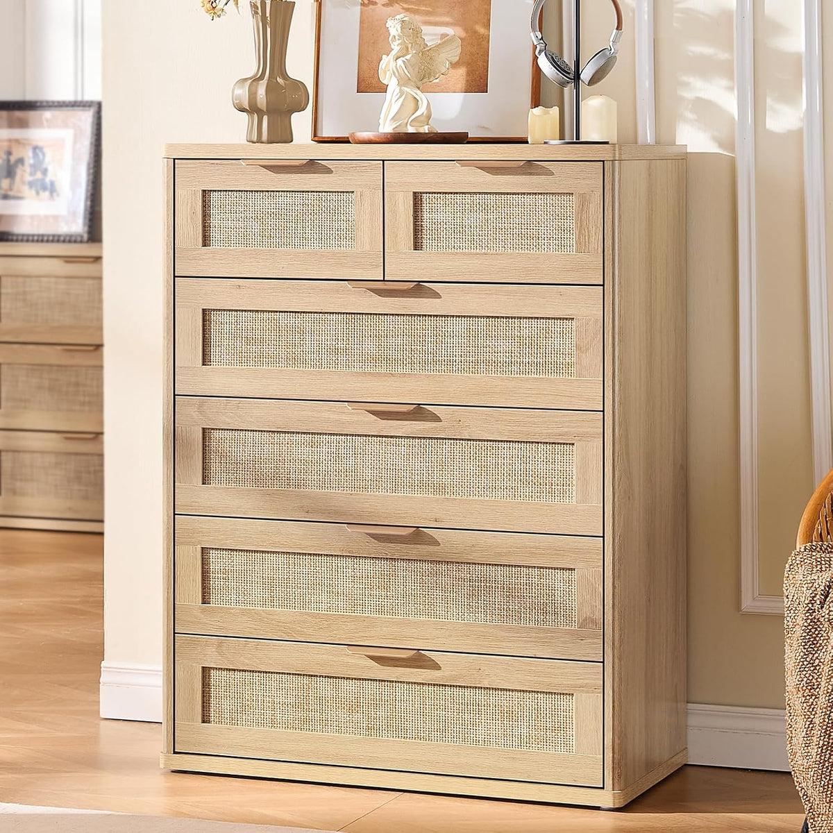 Milo Boho Rattan 6-Drawer Tall Dresser