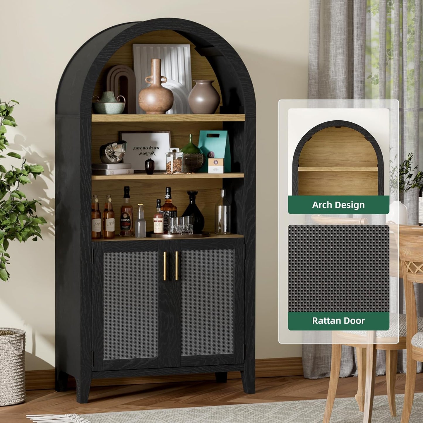 Wide Rattan Arched Storage Display Cabinet