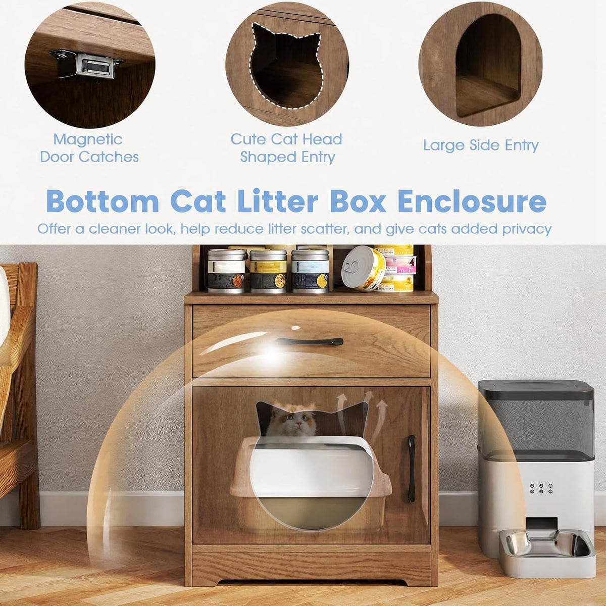 Goldie 60" Tall Cat Litter Box Enclosure with LED Lights & Storage, Natural