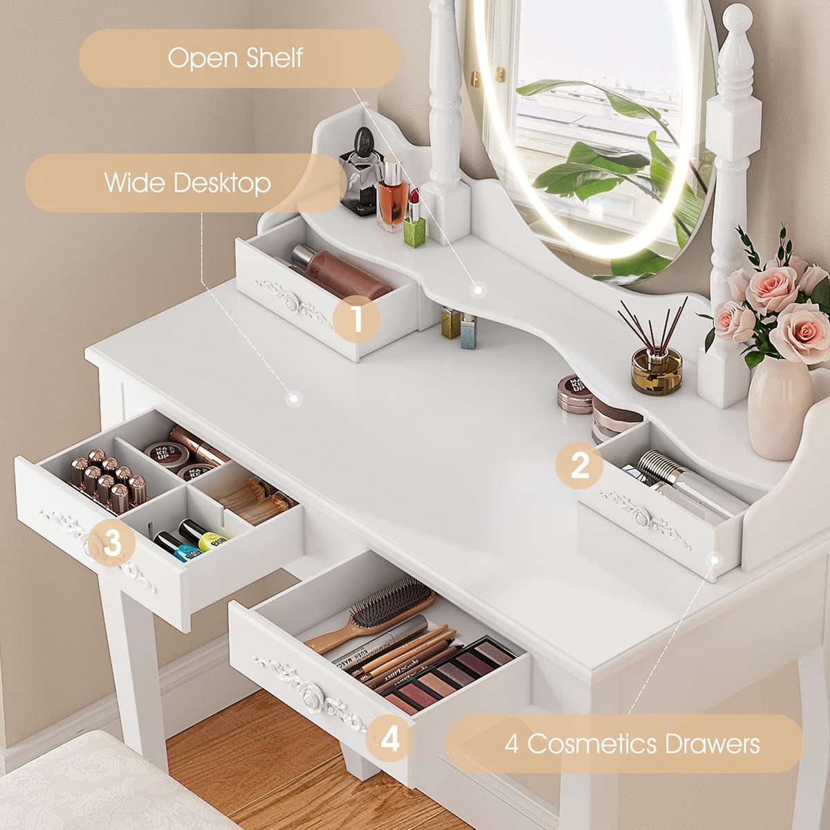 Celine Vanity Desk Set with LED Mirror and Stool