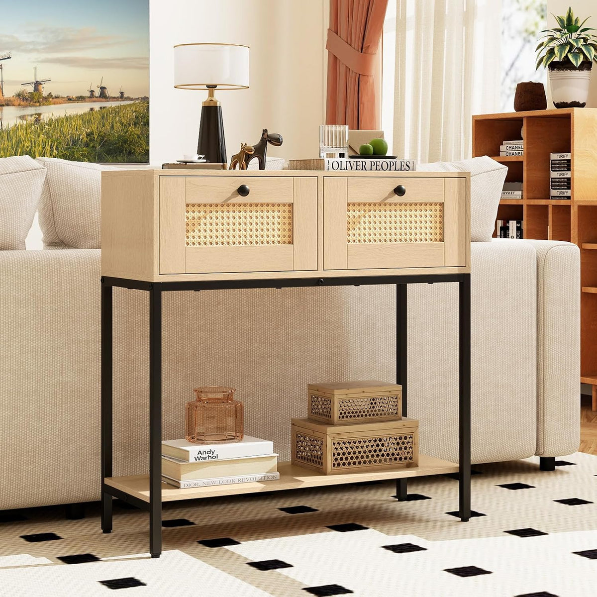 Odessa Boho Rattan Narrow Entryway Table with 2 Drawers