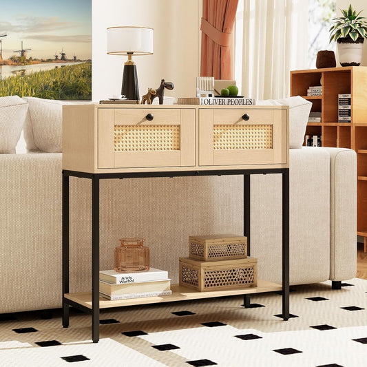 Odessa Boho Rattan Narrow Entryway Table with 2 Drawers