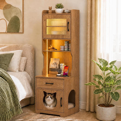 Goldie 60" Tall Cat Litter Box Enclosure with LED Lights & Storage, Natural