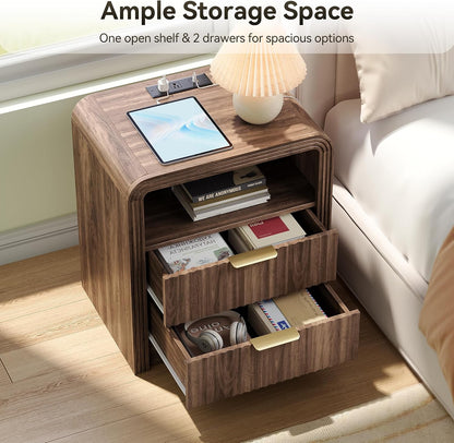 Juno Walnut Fluted Nightstand Set of 2 with Charging Station