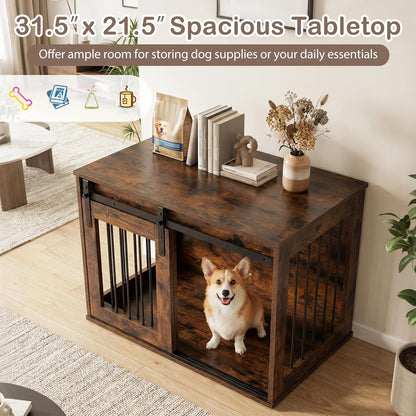 Maisie 31.5" Dog Crate End Table with Sliding Barn Door, Rustic Brown