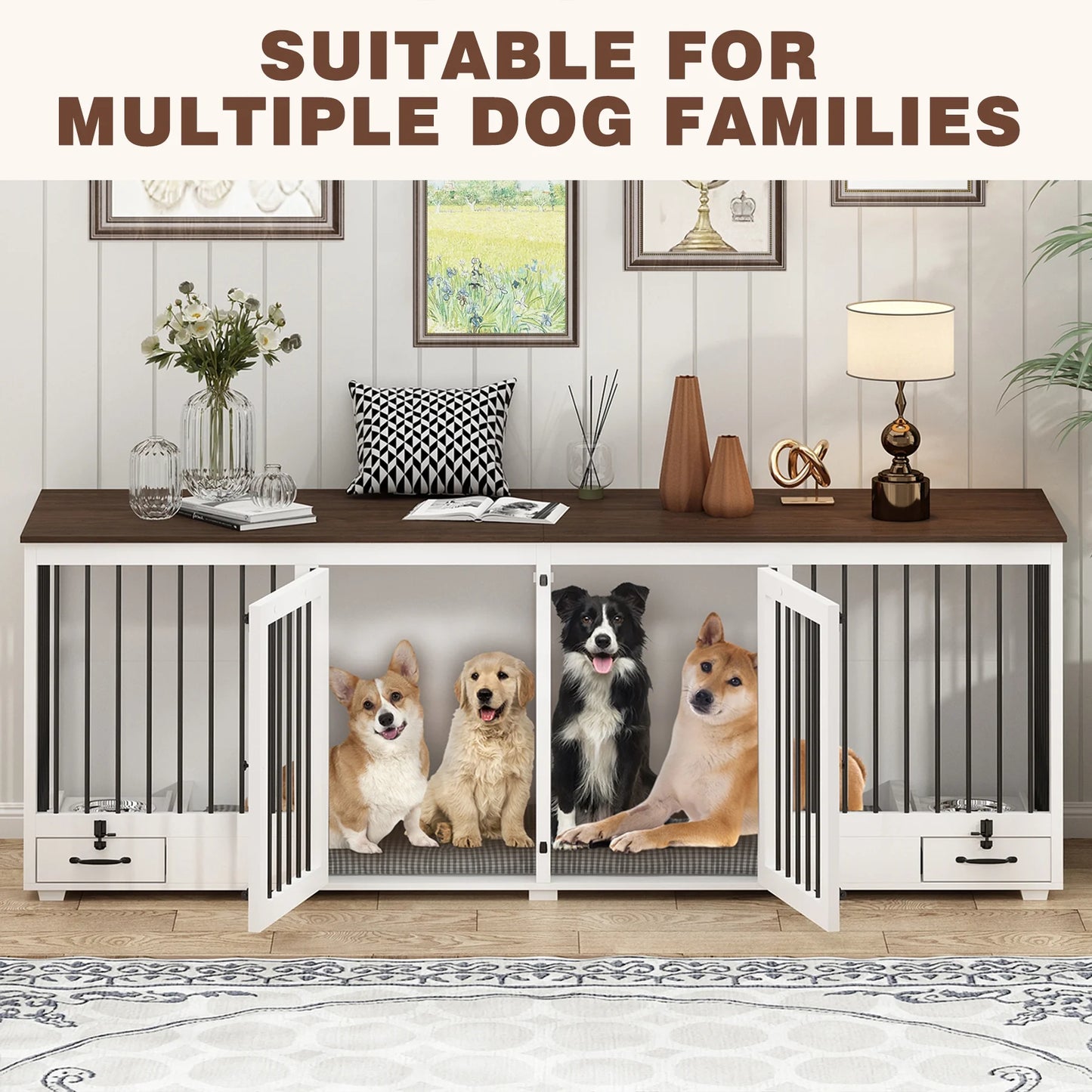 Angus Double Dog Crate Furniture For 2 Dogs With Bowl