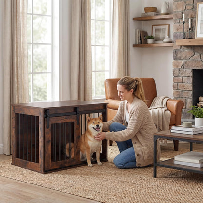 Maisie 31.5" Dog Crate End Table with Sliding Barn Door, Rustic Brown
