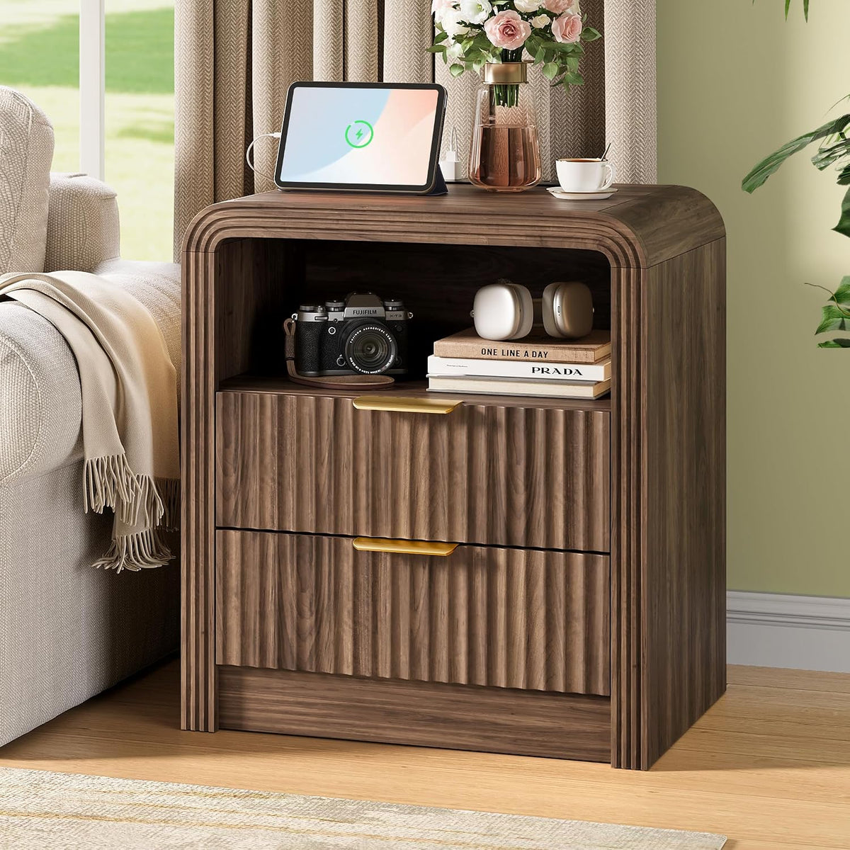 Juno Walnut Fluted Nightstand Set of 2 with Charging Station